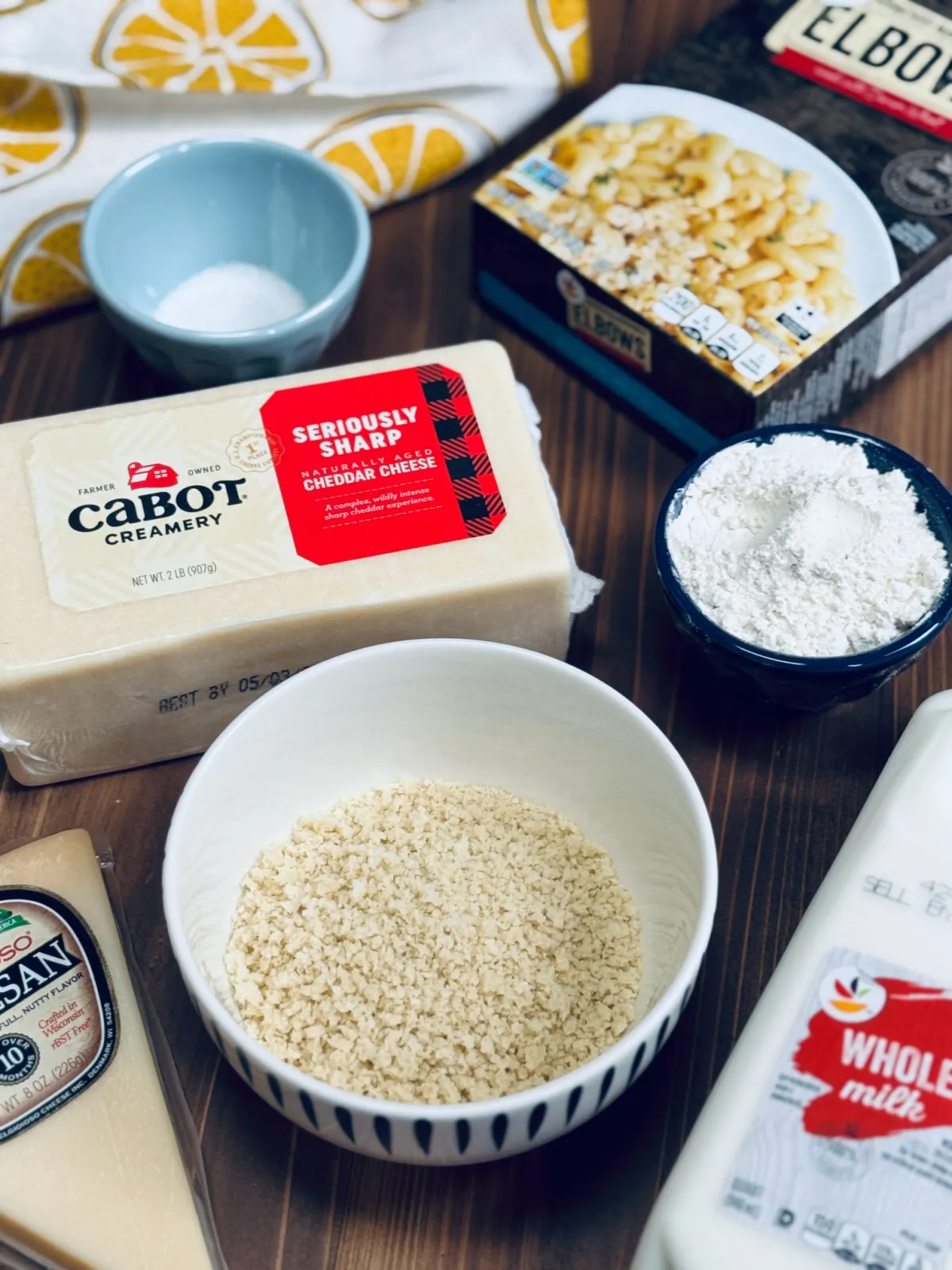 Ingredients for mac and cheese laid out on table.
