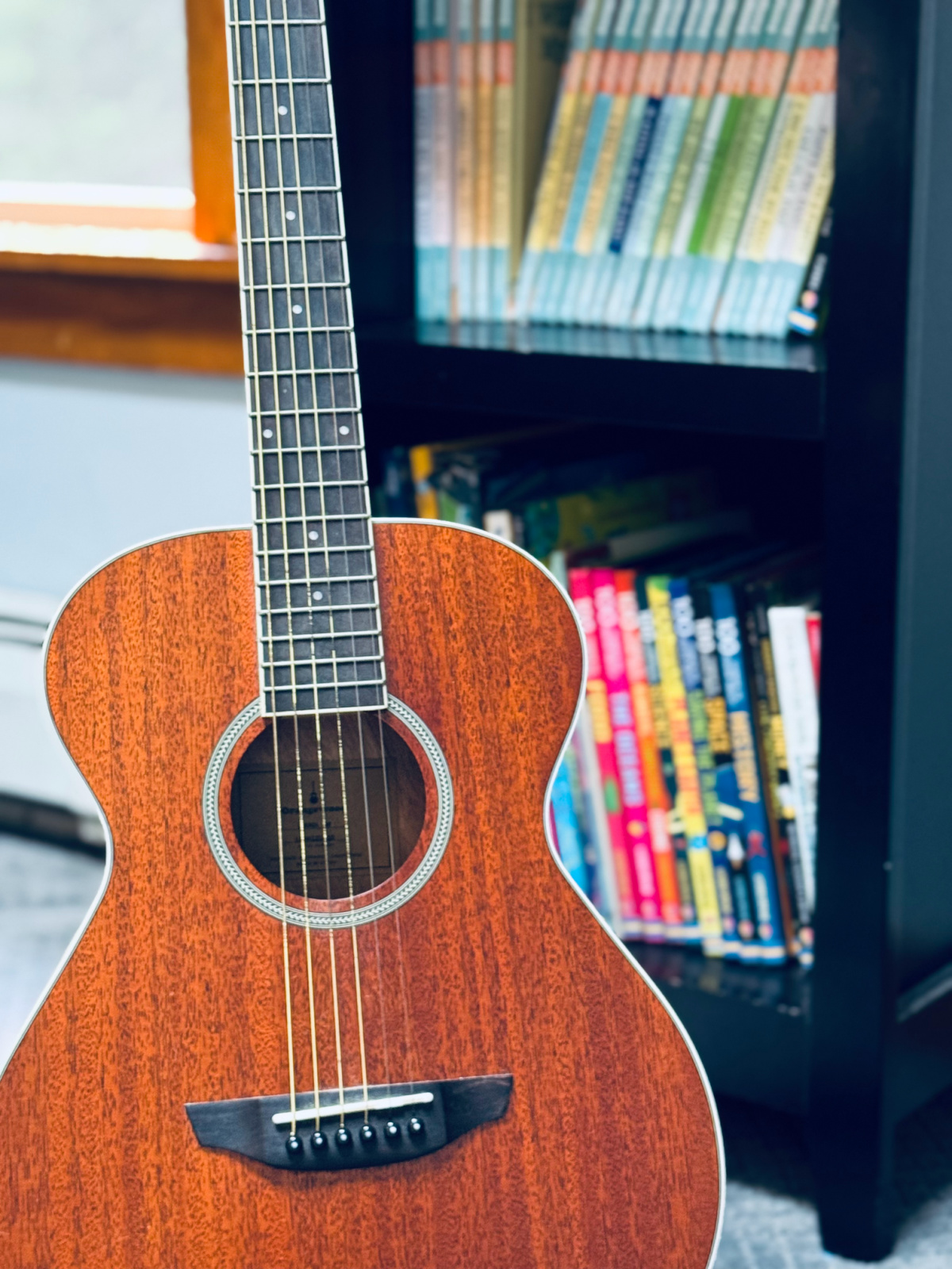 Potential Christmas gift - kid-sized guitar on stand in front of bookshelf with colorful books.