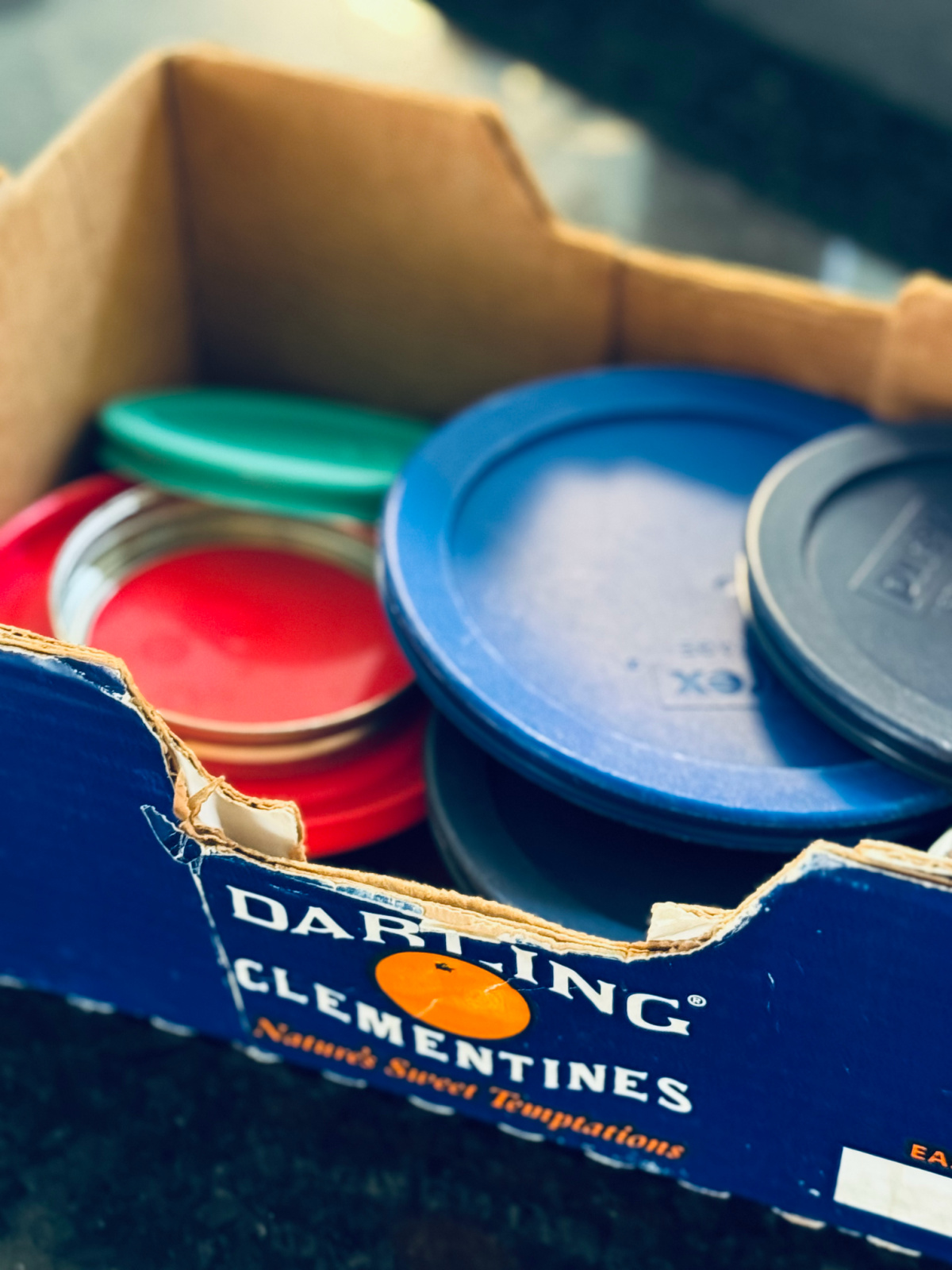 colorful Pyrex lids in blue cardboard Darling Clementine box.