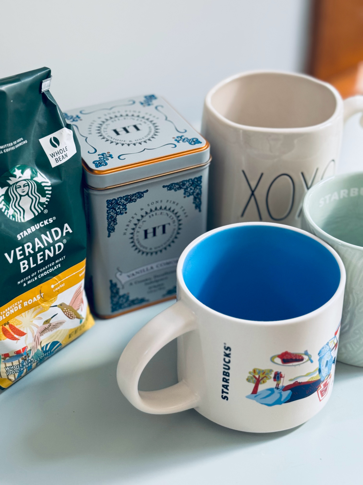 coffee mugs, coffee and tea.