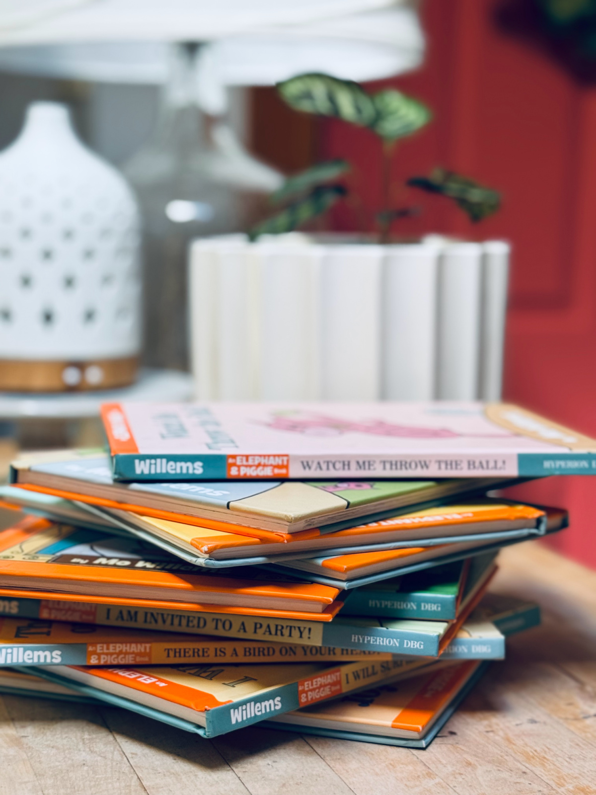 stack of Elephant and Piggie Books on counter.