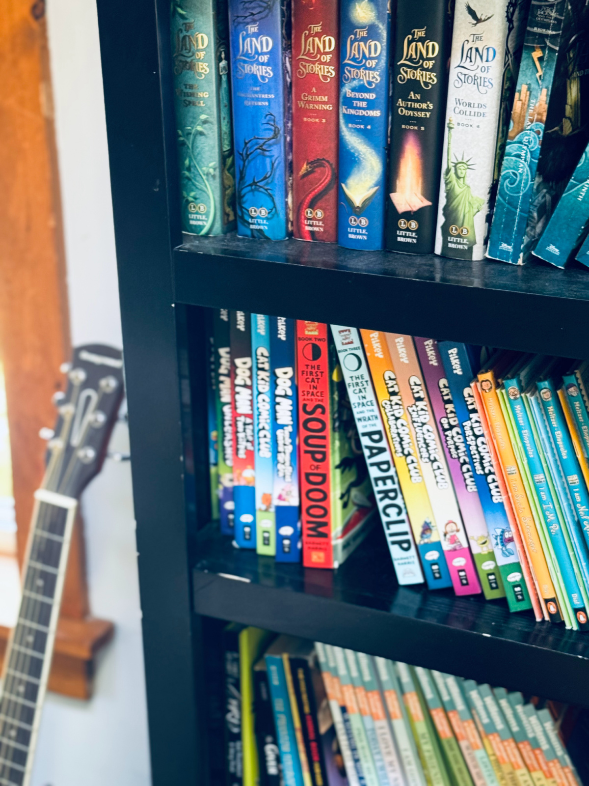 children's books on black bookshelf