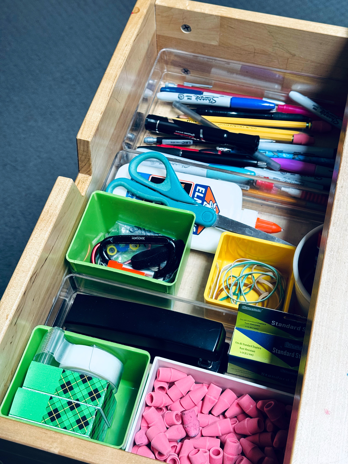 office supply drawer with drawer dividers for home organization.
