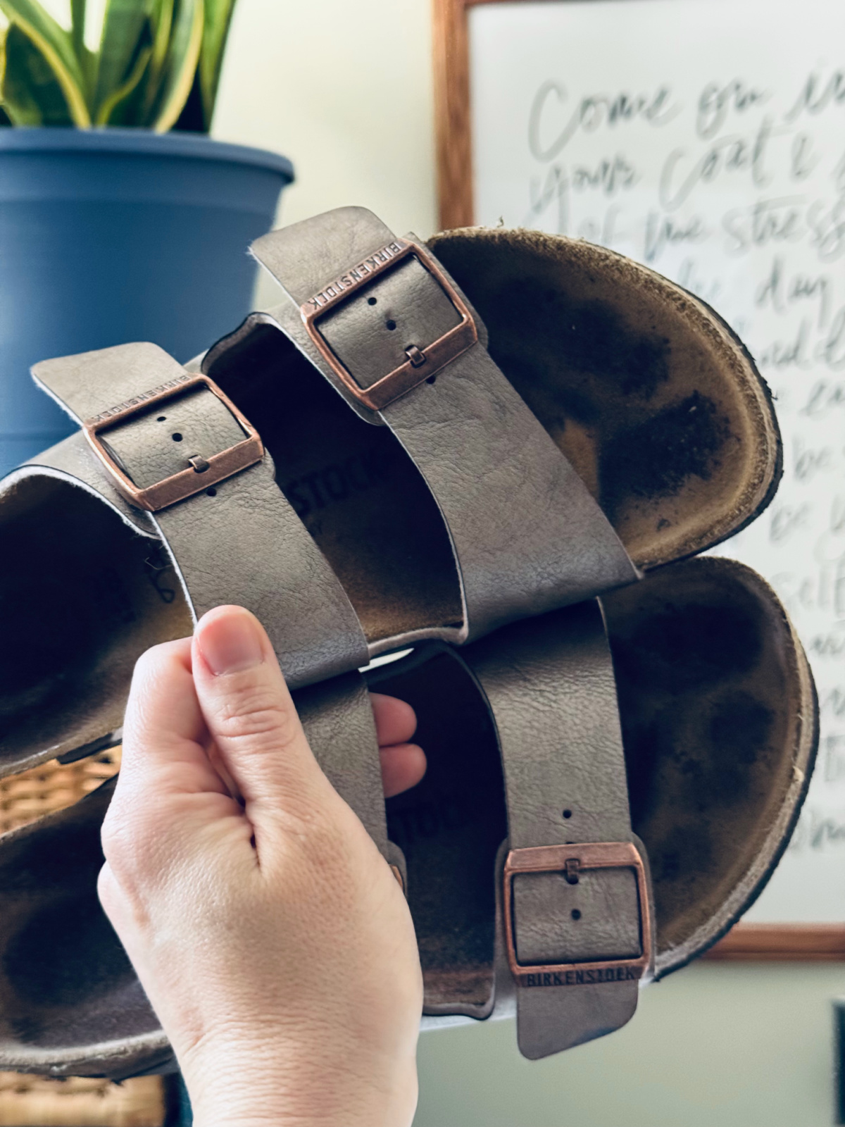 copper birkenstock classic sandals close up.