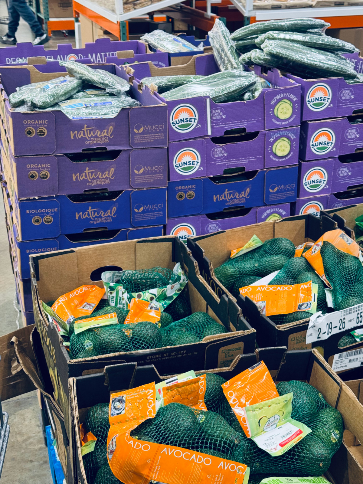 produce at Costco with avocados and cucumbers in focus.
