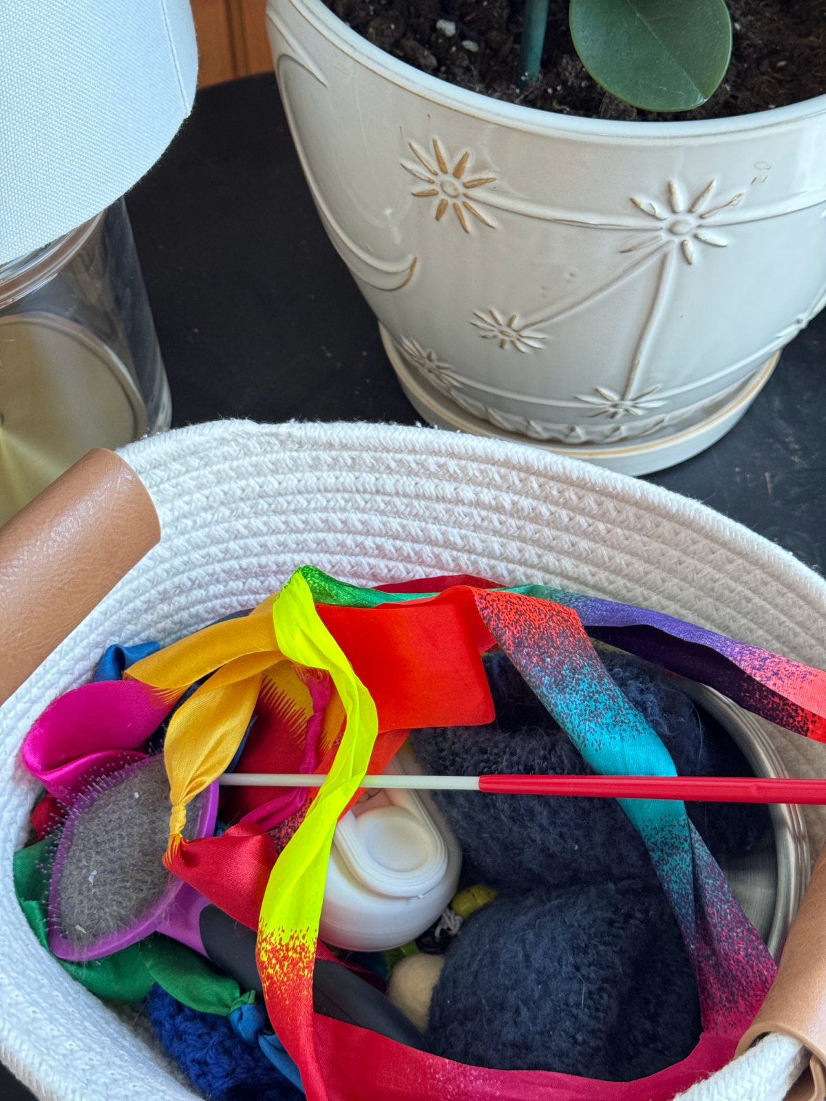 our bin of pet supplies that needs decluttering.