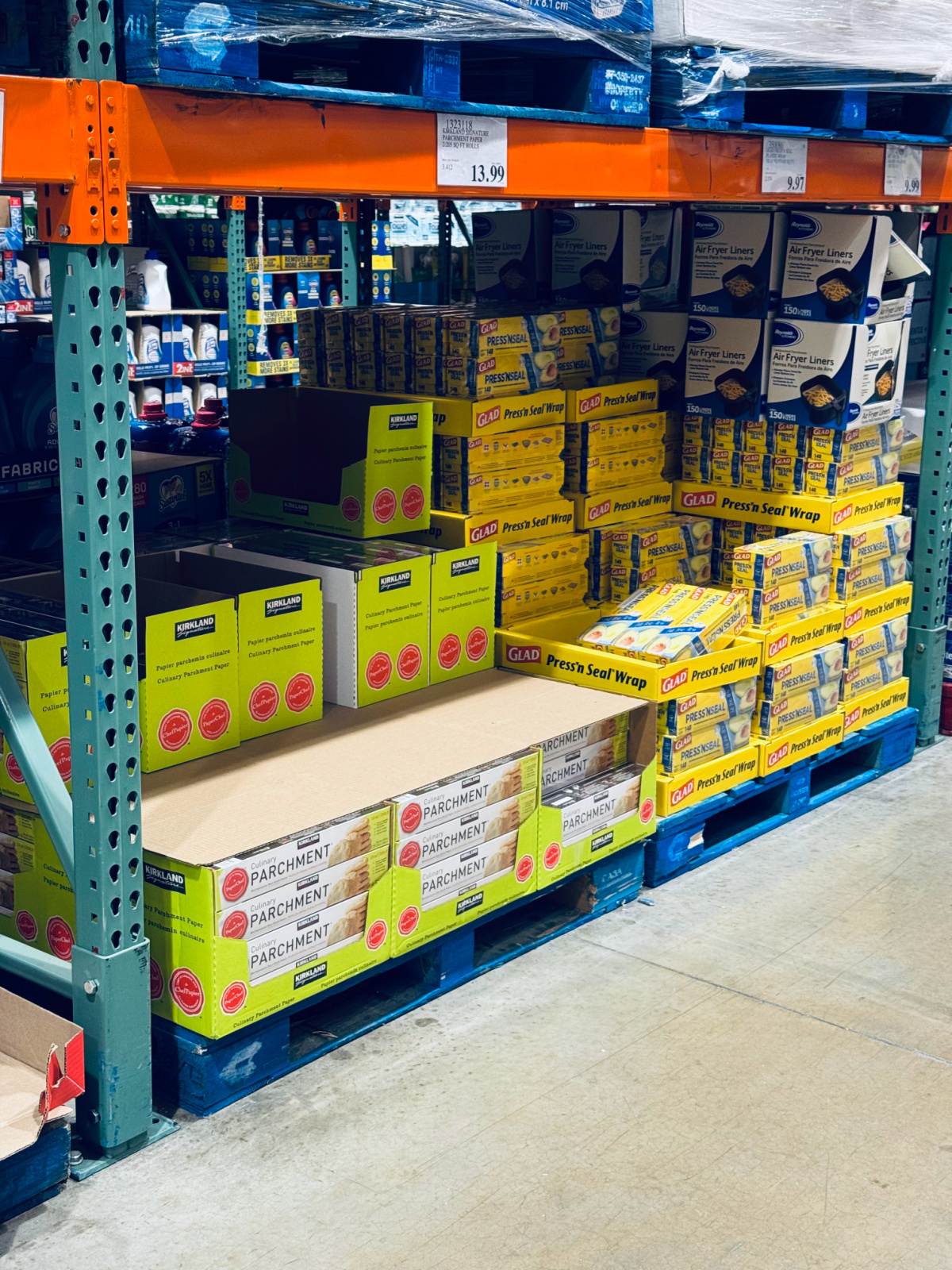 paper goods section at Costco with parchment paper in focus.