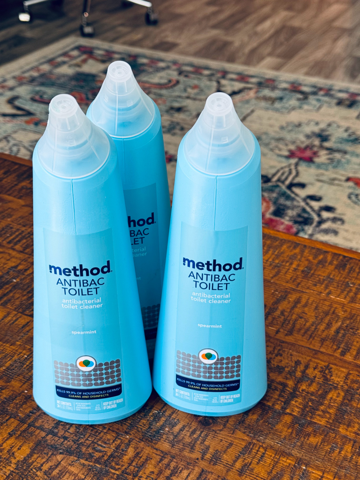 method antibac toilet cleaner in bulk on table.