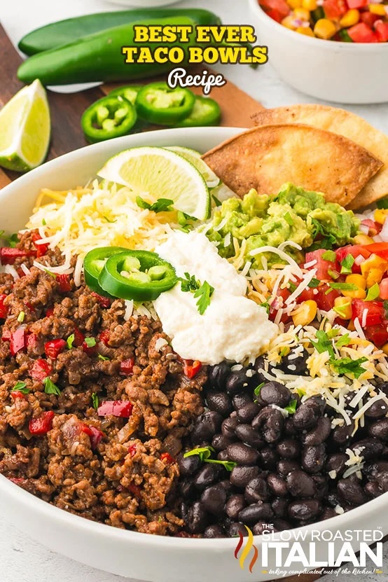 easy taco bowl prepared in white bowl.