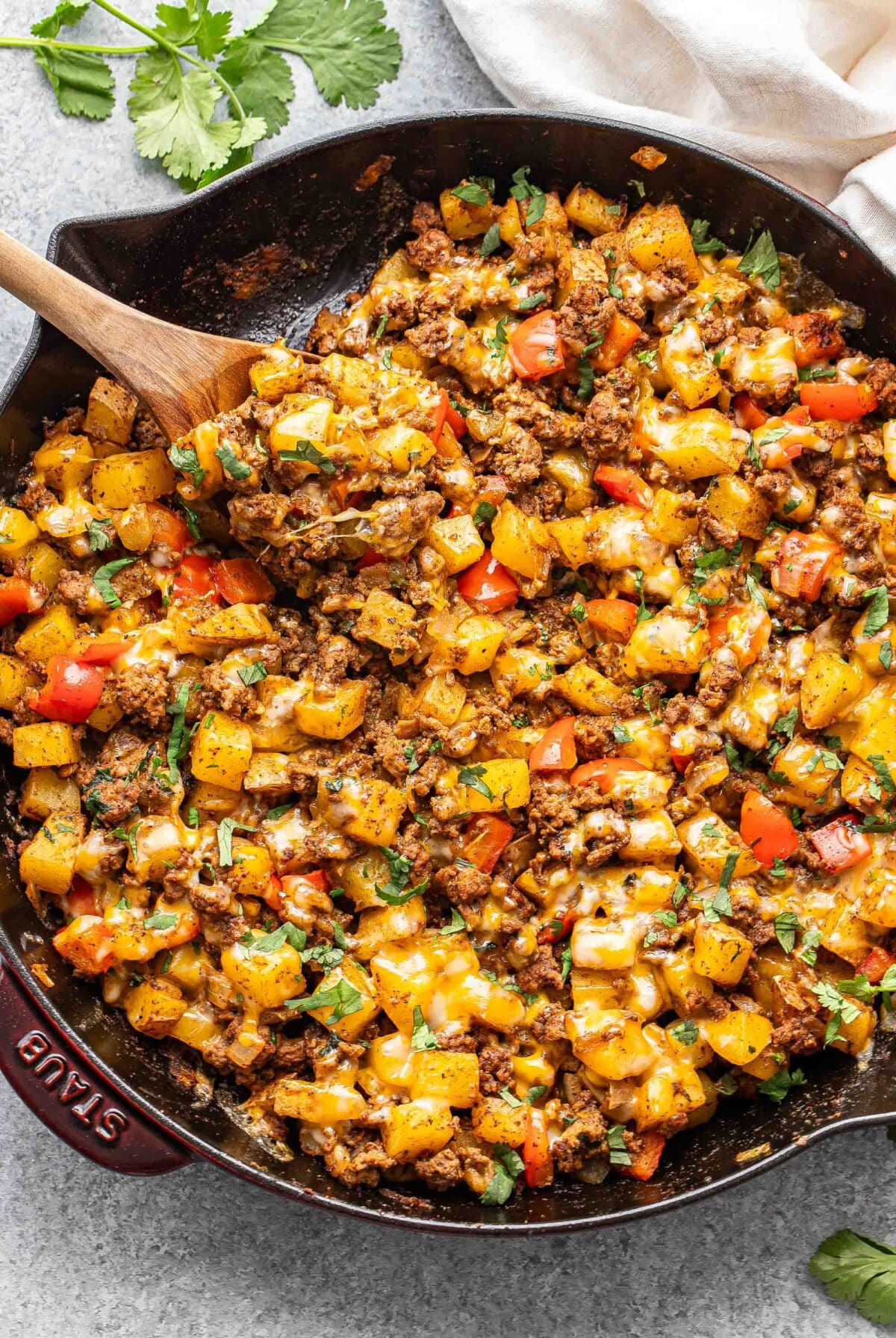 Mexican beef and potatoes skillet close up.