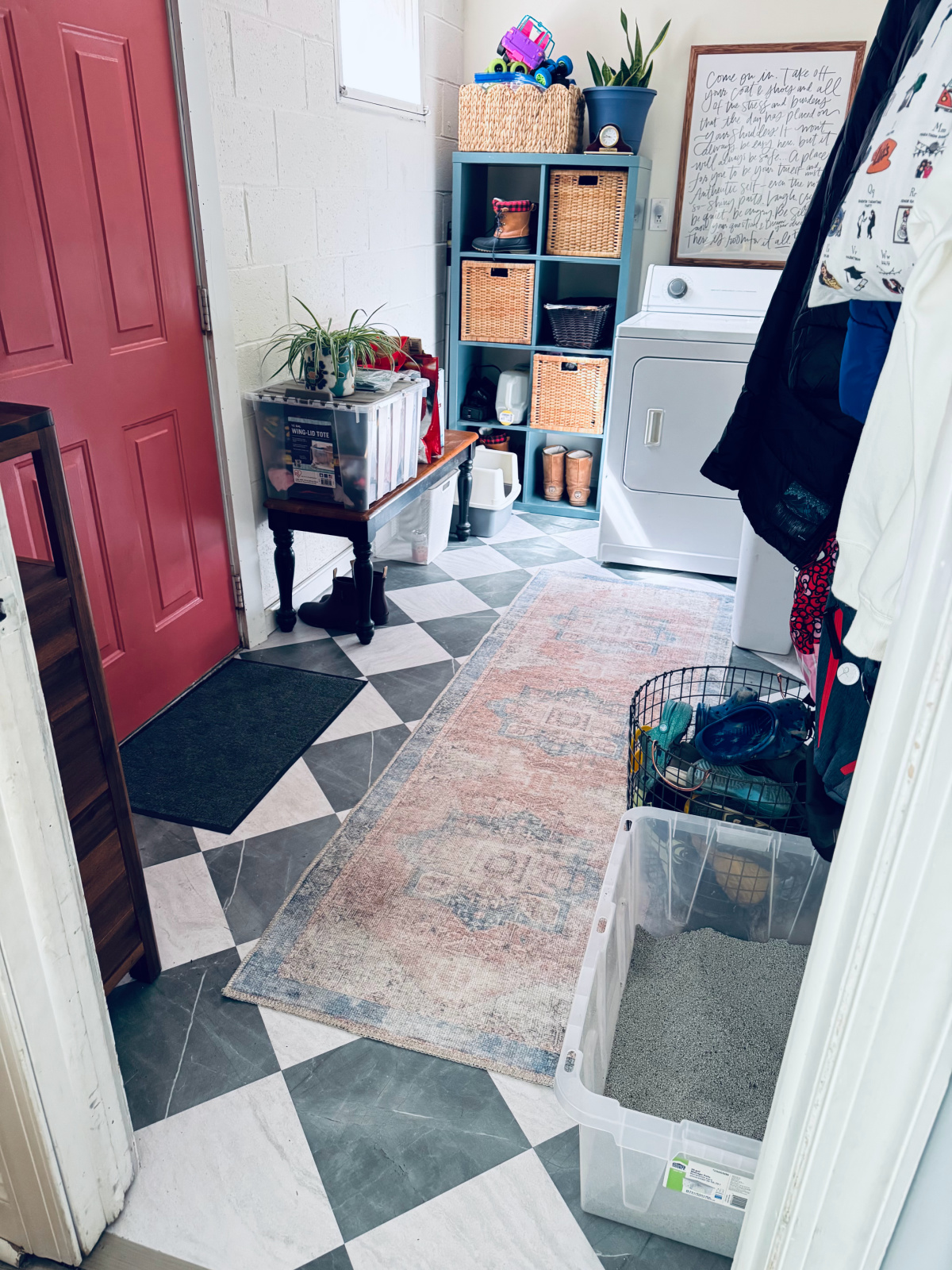 finished mudroom with Chris Loves Julia floorpops peel and stick tiles.