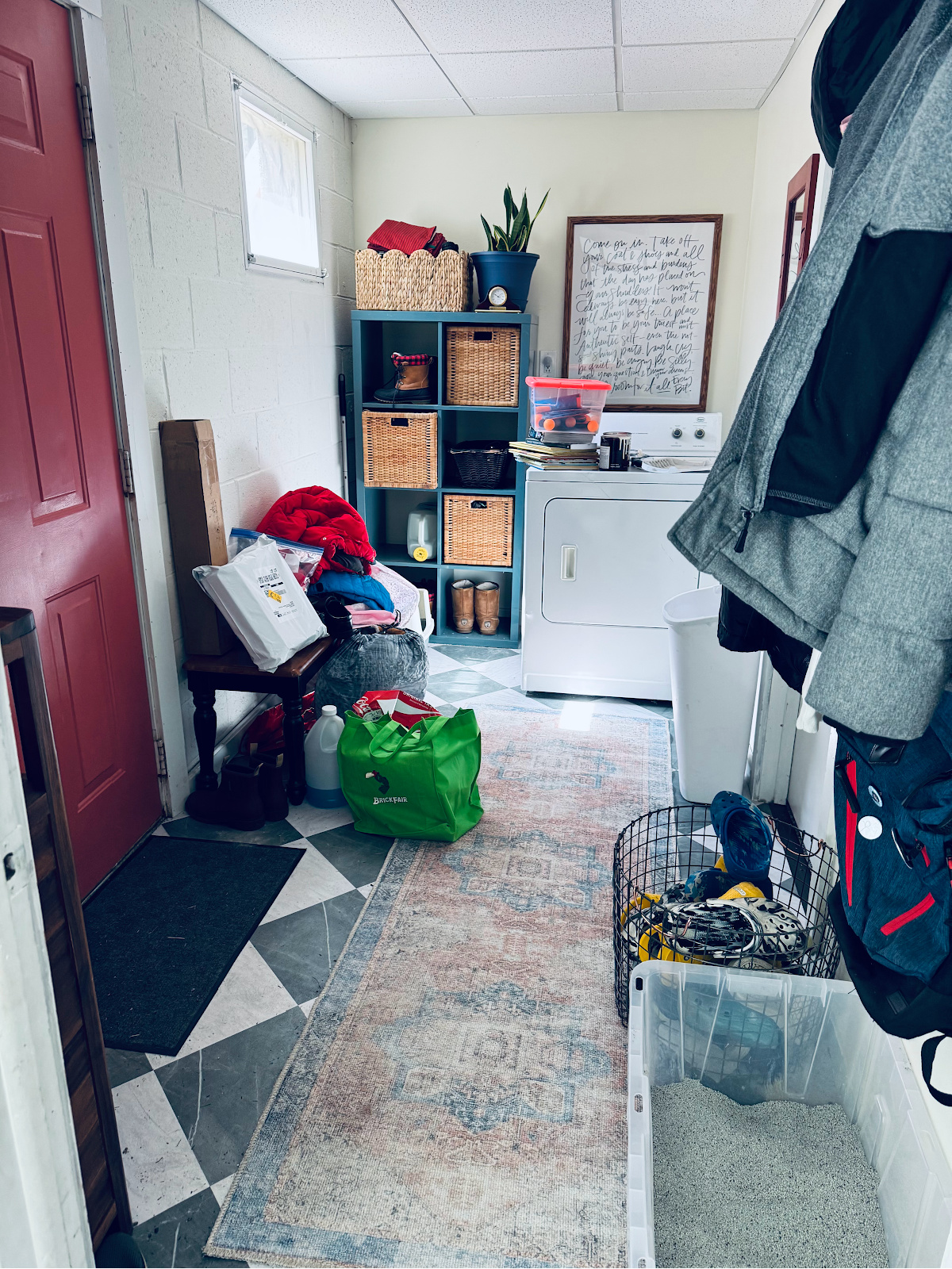 messy entryway room with litter boxes, clutter and dryer.