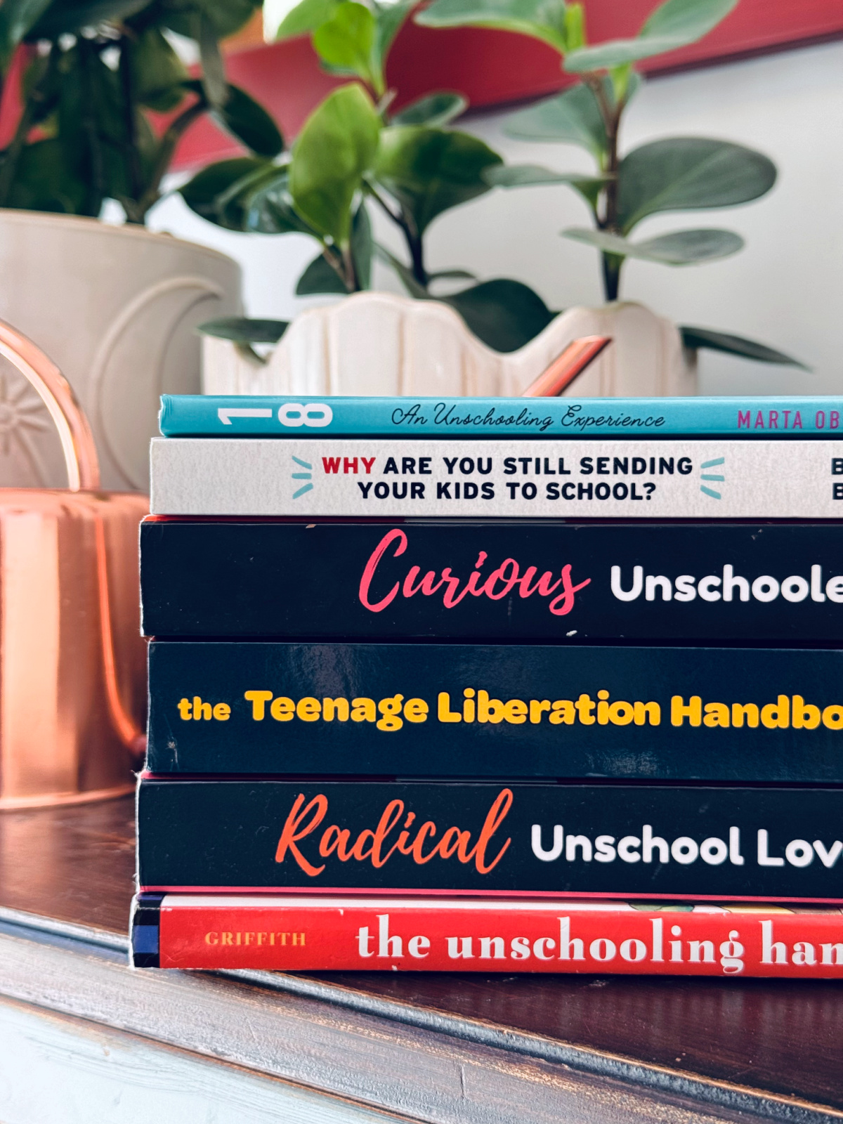 stack of unschooling books.