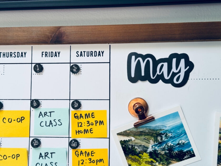 May calendar with post-it note activities and mini watercolor painting.