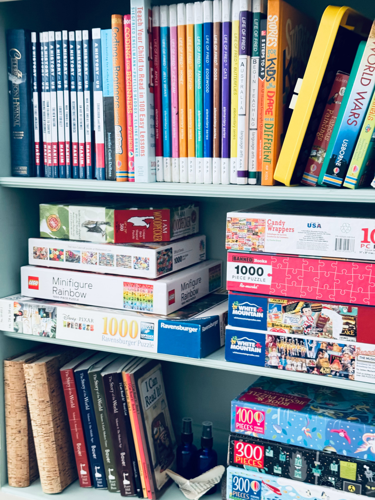 cabinet full of homeschool supplies.