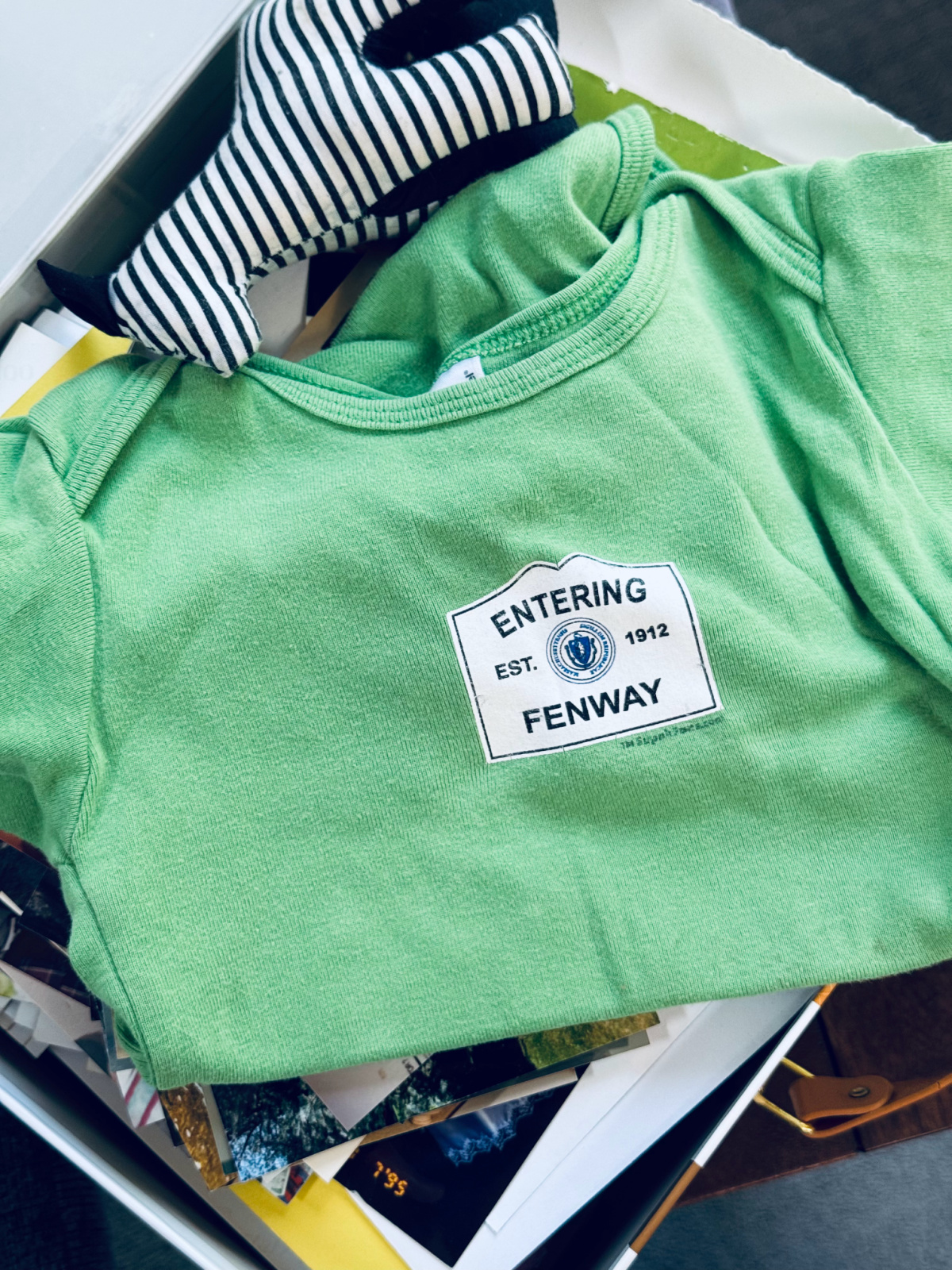 green infant onesie with "entering fenway" logo and small stuffed zebra in box.