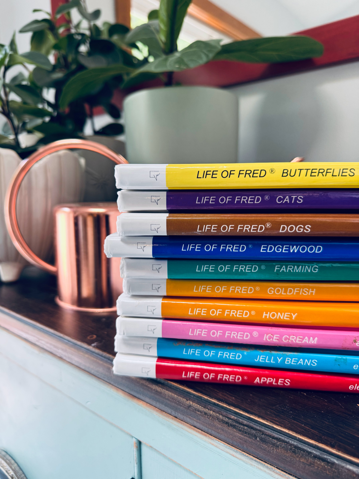 Life of Fred elementary math books in stack on table with house plant in background.