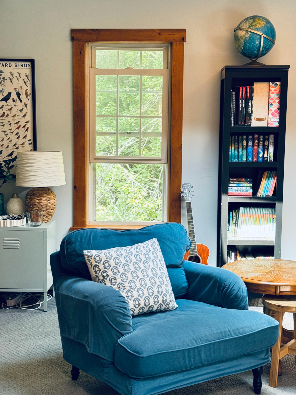living room with bookshelf.