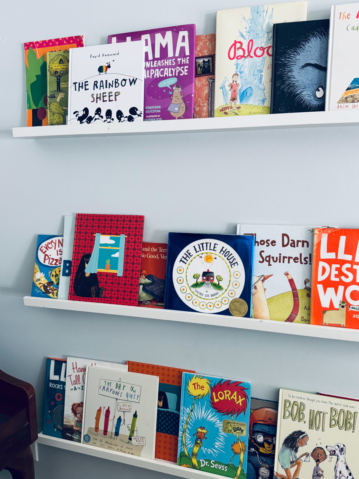 picture books displayed on white IKEA wall ledges.