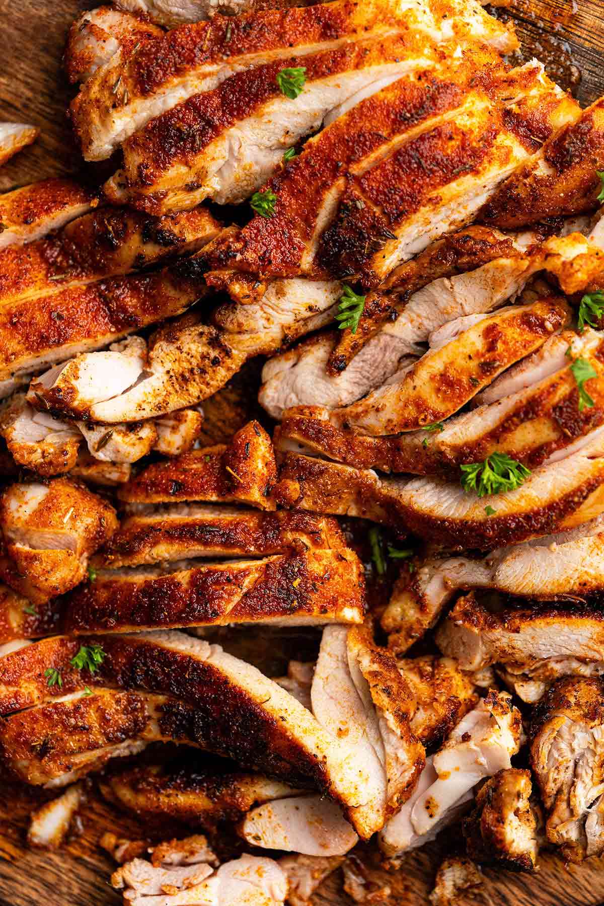 easy blackened chicken on cutting board close up.