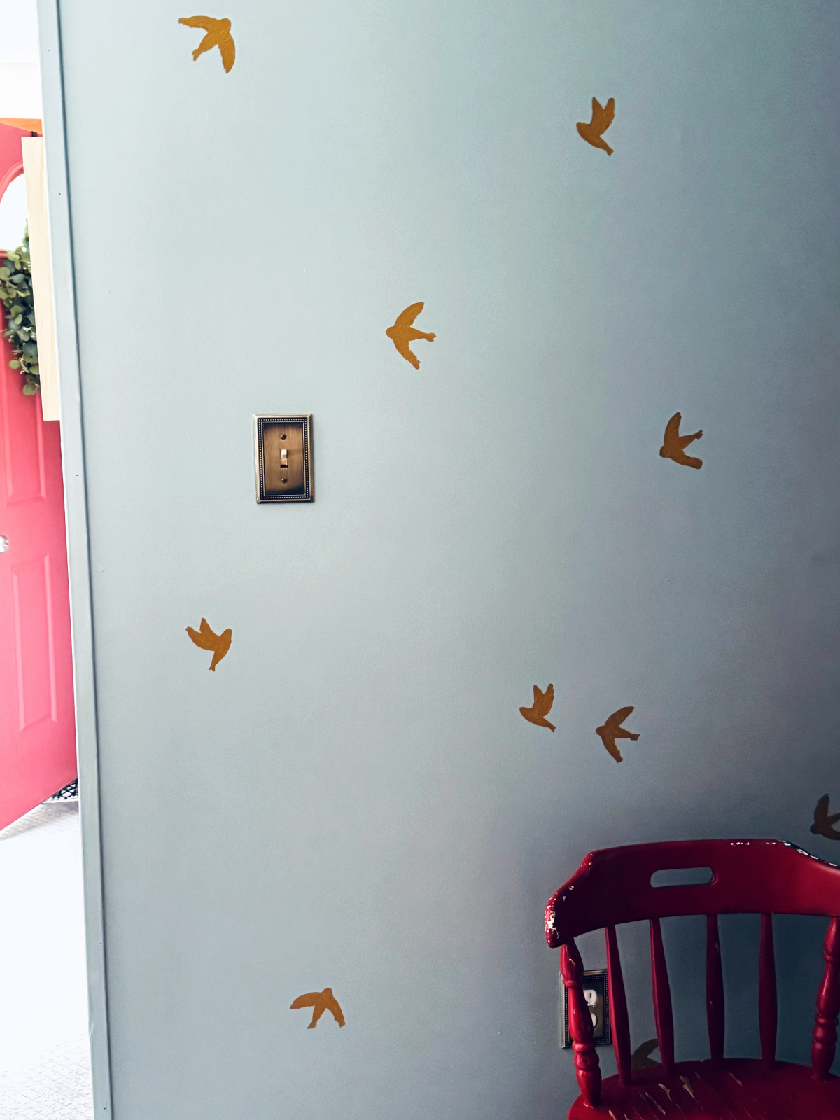 base coat for birds in DIY sparrow wallpaper on wall.