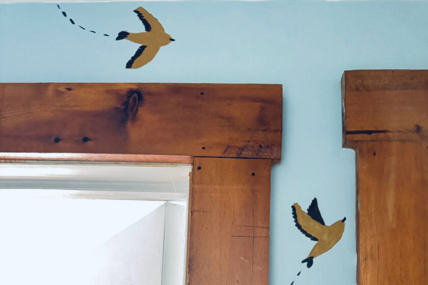 diy sparrow wallpaper in hallway near door frames.