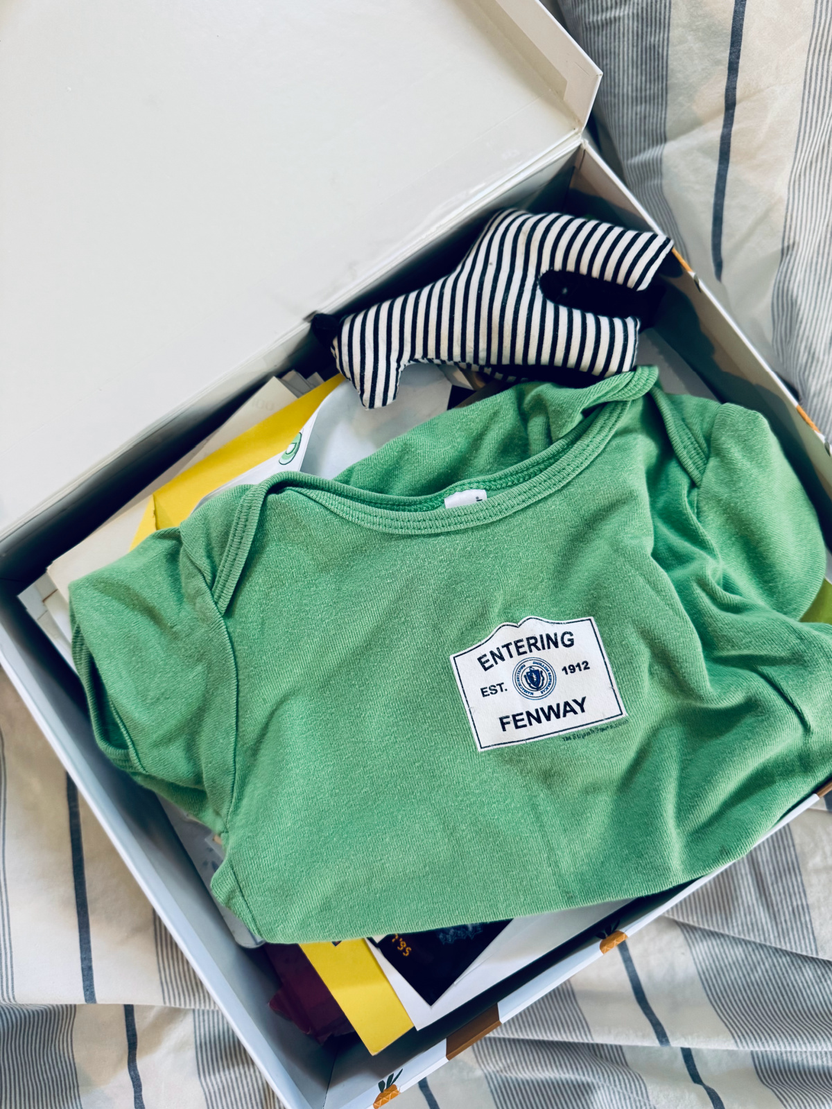 sentimental box with green "entering Fenway" baby onesie and handmade zebra toy in focus.
